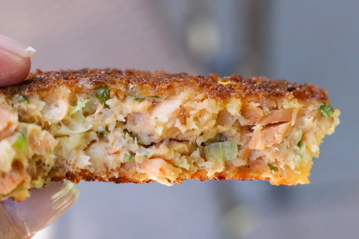 Half of salmon patty held between two fingers in the air.