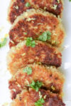 6 salmon patties fanned in a line on a plate.