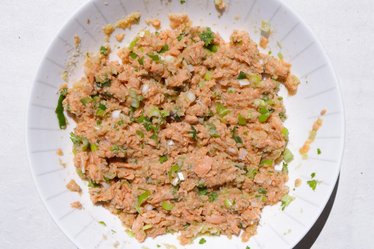 Salmon mixture in a white bowl.