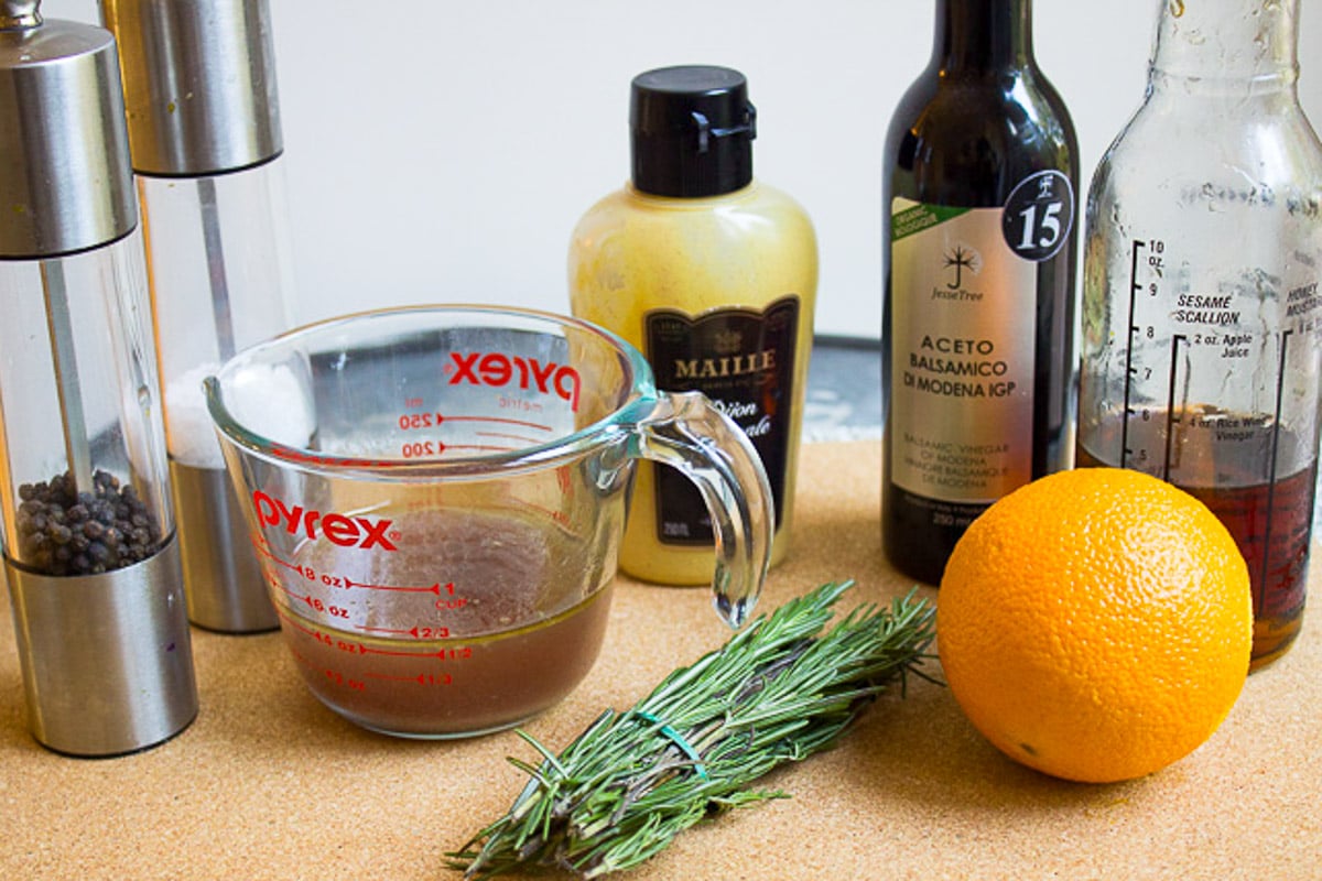 Cup of turkey juices, rosemary, Dijon, orange, balsamic vinegar, oil.